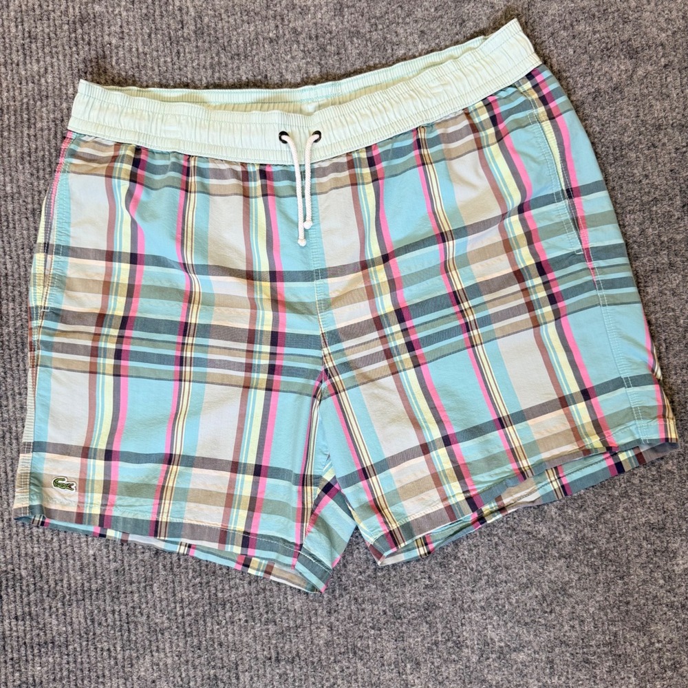 Lacoste Mens Plaid Swim Trunks Blue Pink Yellow Drawstring Board Shorts Size L - Picture 2 of 7